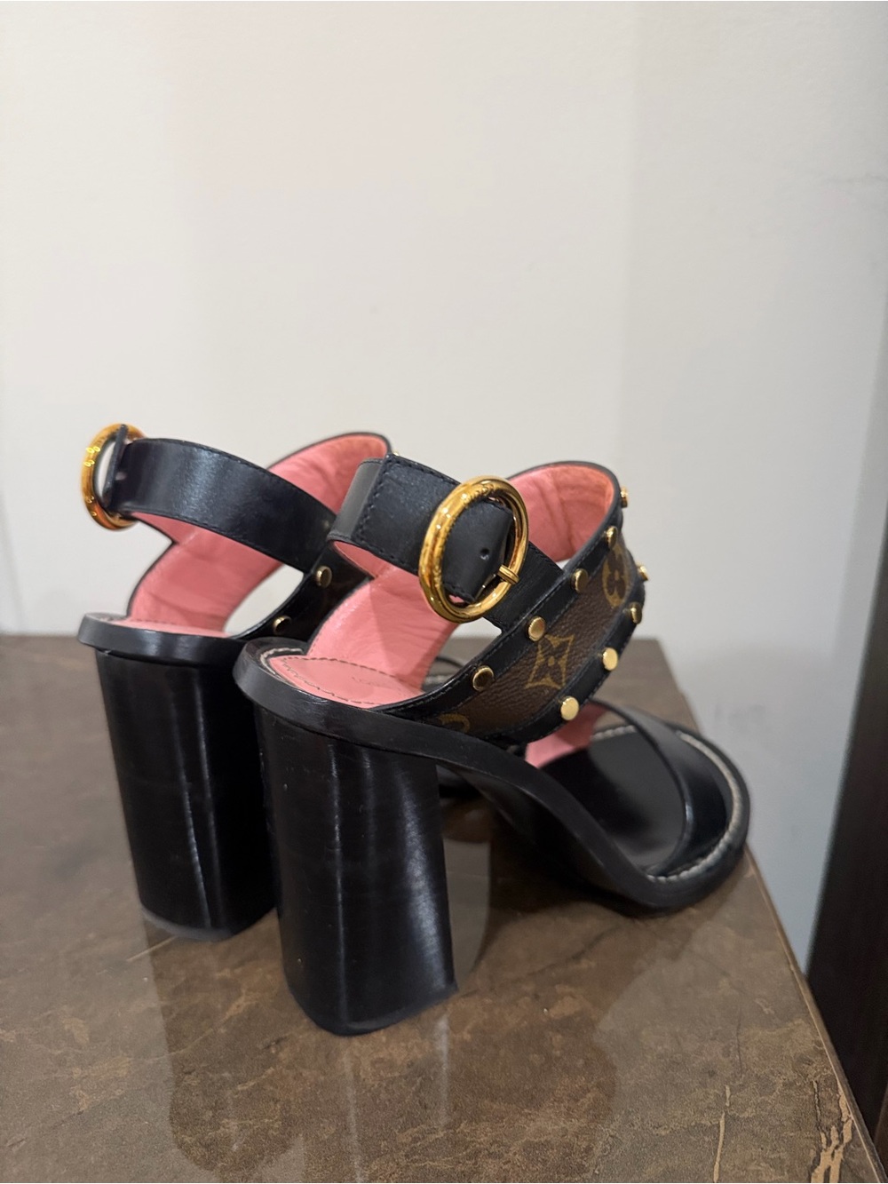 Louis Vuitton Black Leather Heeled Sandals with Monogram Studded Straps - Picture 3 of 5